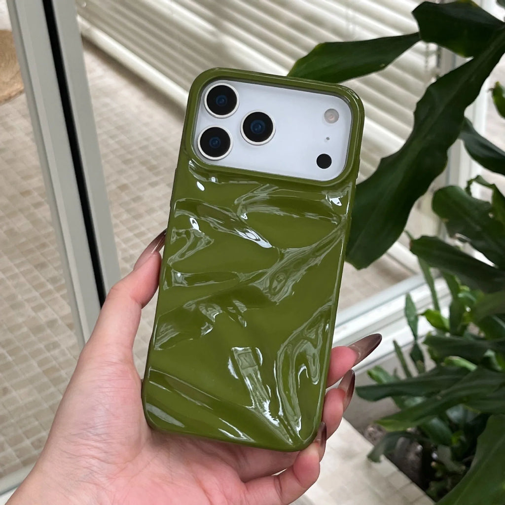 QF pleated TPU phone case in green for iPhone 15 Pro with three-dimensional textured pattern