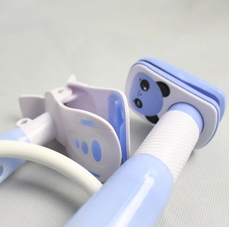 Blue extendable feeding bracket for nursing mothers showing adjustable extension mechanism