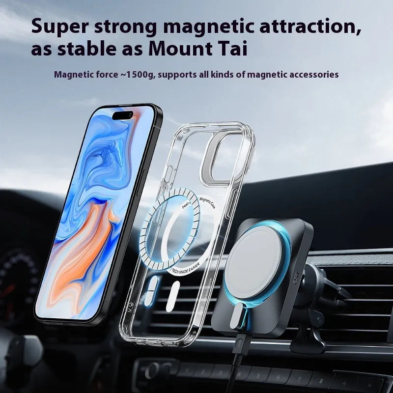 Magnetic phone case Qiahui with invisible bracket for iPhone 15 Pro Max, transparent white TPU