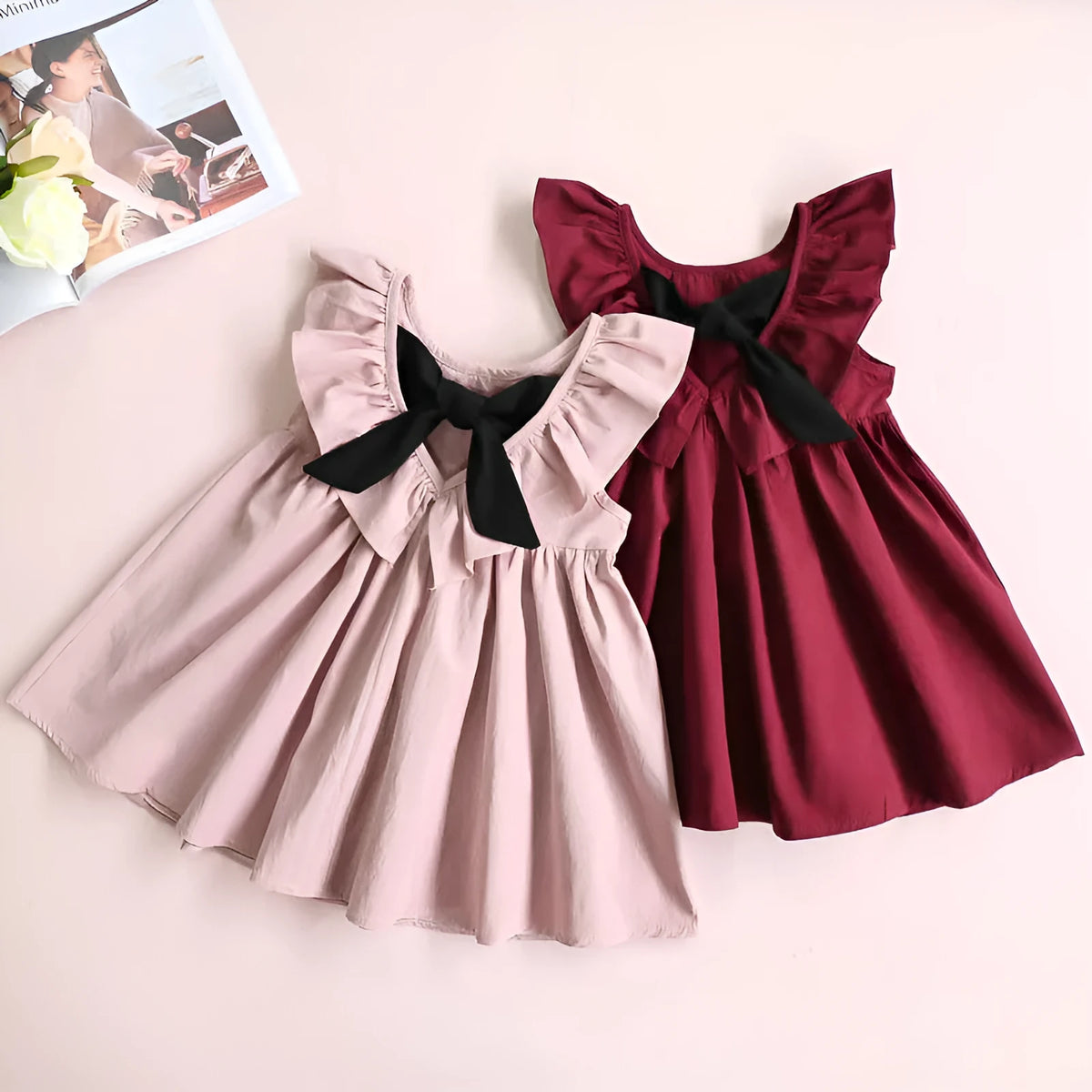 Girls' sleeveless lotus leaf dress in pink or wine red, cotton-rabbit fur blend, sizes 90-130cm