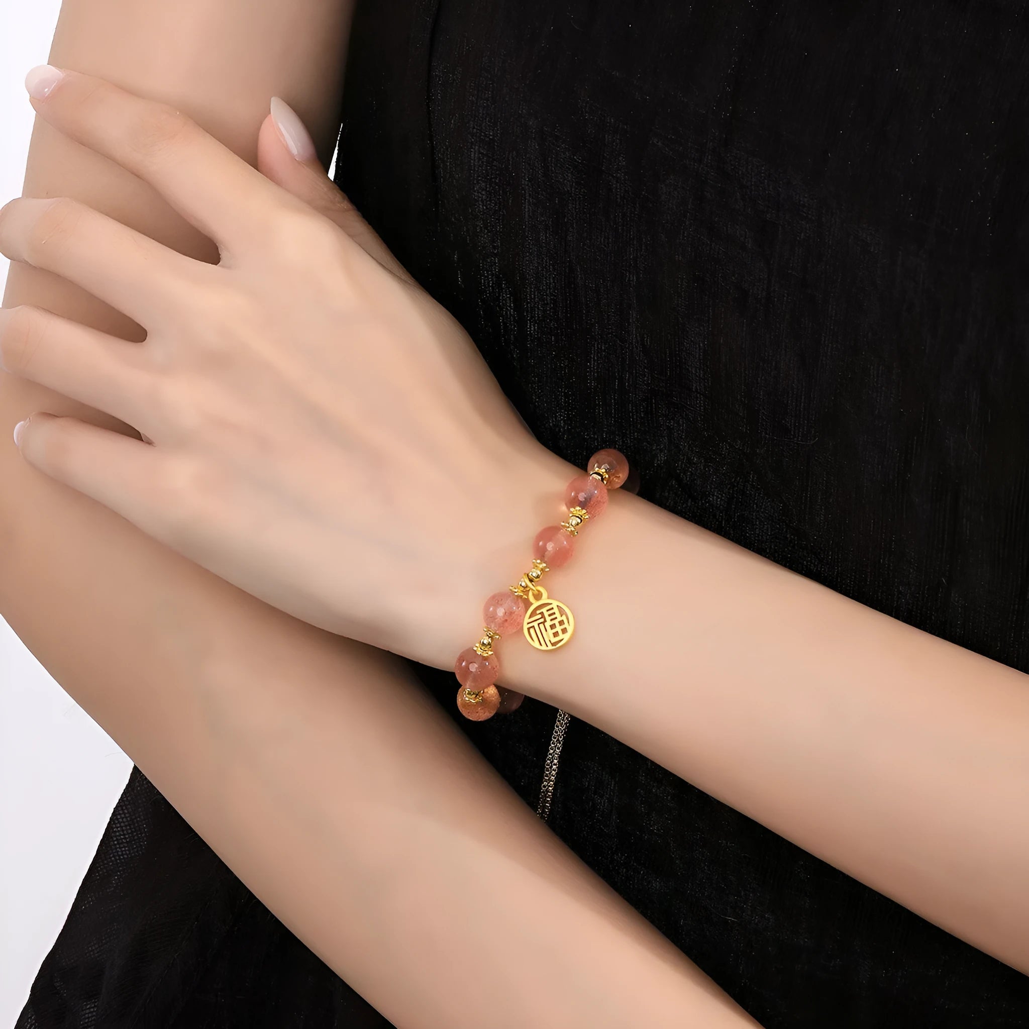 Strawberry quartz crystal bracelet with geometric fu character design and electroplated finish