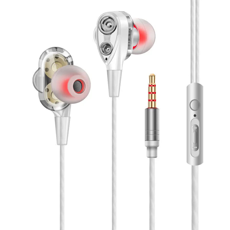 Red quad core dual dynamic metal subwoofer in-ear headphones with 3.5mm plug, microphone and 1.2m cable