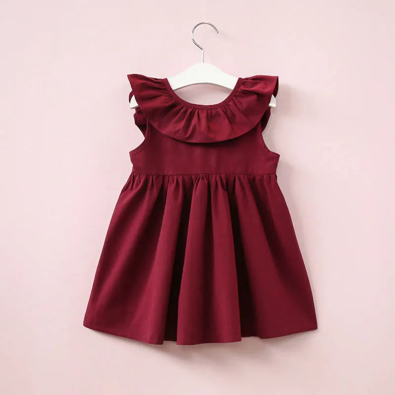 Girls' sleeveless lotus leaf dress in pink or wine red, cotton-rabbit fur blend, sizes 90-130cm