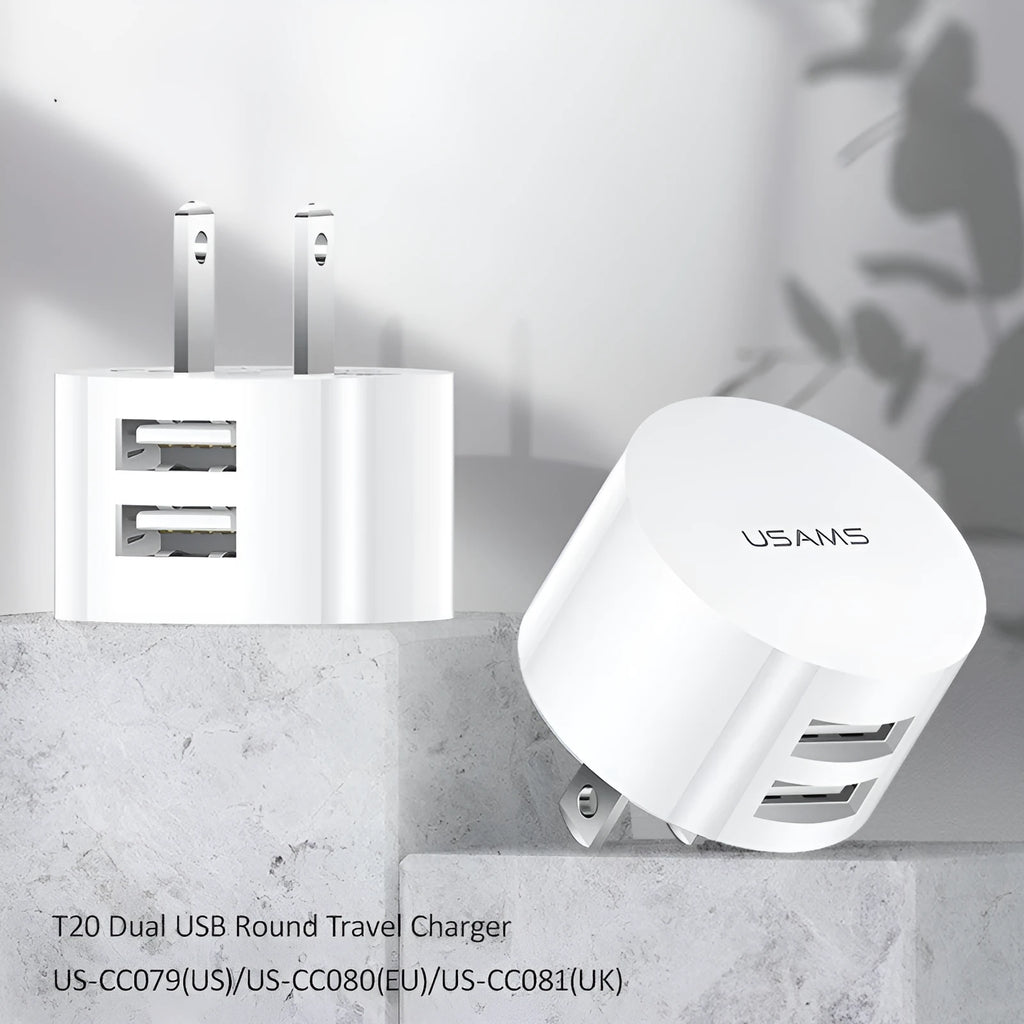 White portable universal dual USB phone charger with US, EU and UK plugs
