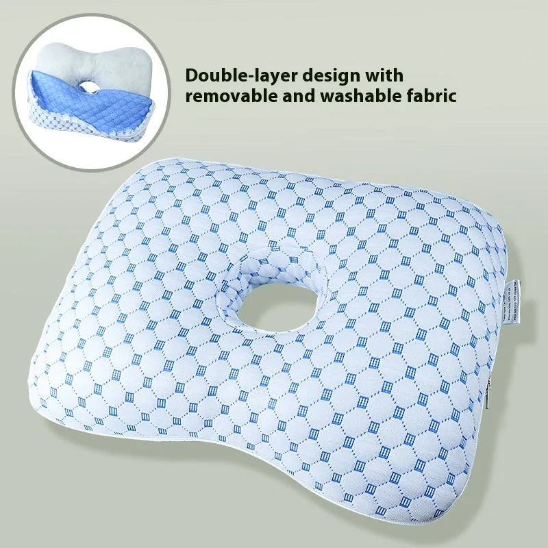 Beauty salon single hole ear pillow with detachable cover in grey, shown next to a towel.