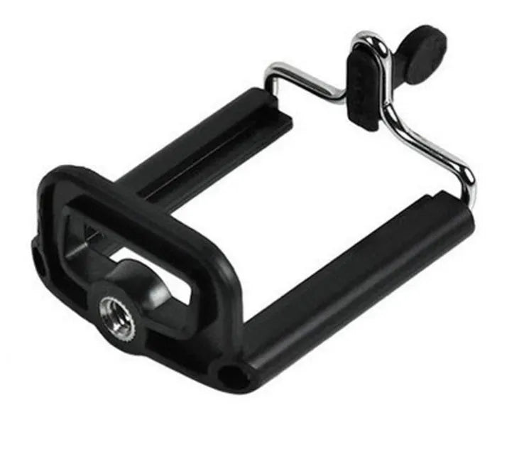 Mini aluminium tripod with extended legs and a black U-shaped phone clip attached