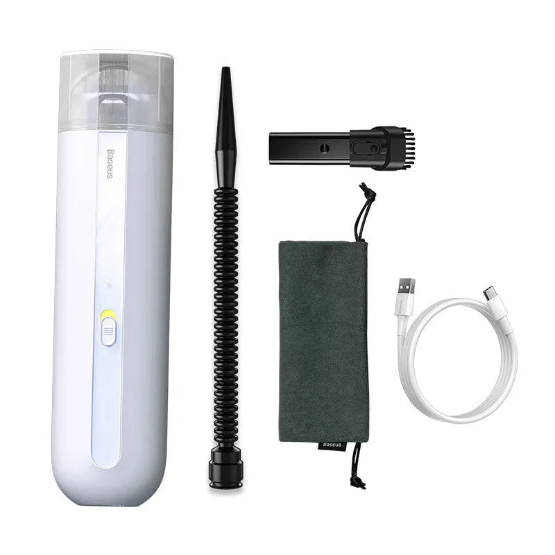 Baseus handheld car vacuum cleaner in black, white, or green next to a dust bin and blowing hose.