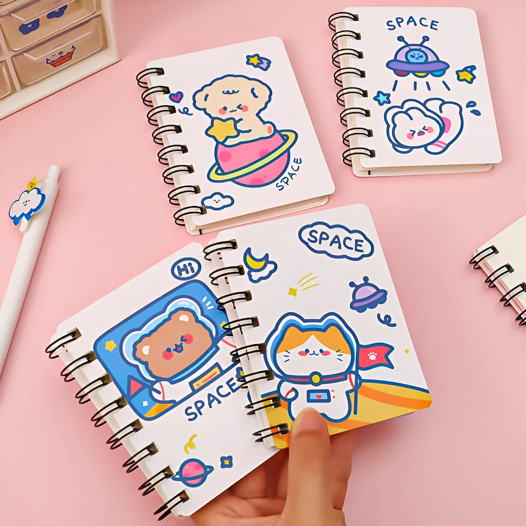 Astronaut-themed portable flipper notebook showing 10.5 by 8 cm size and colourful cover options.