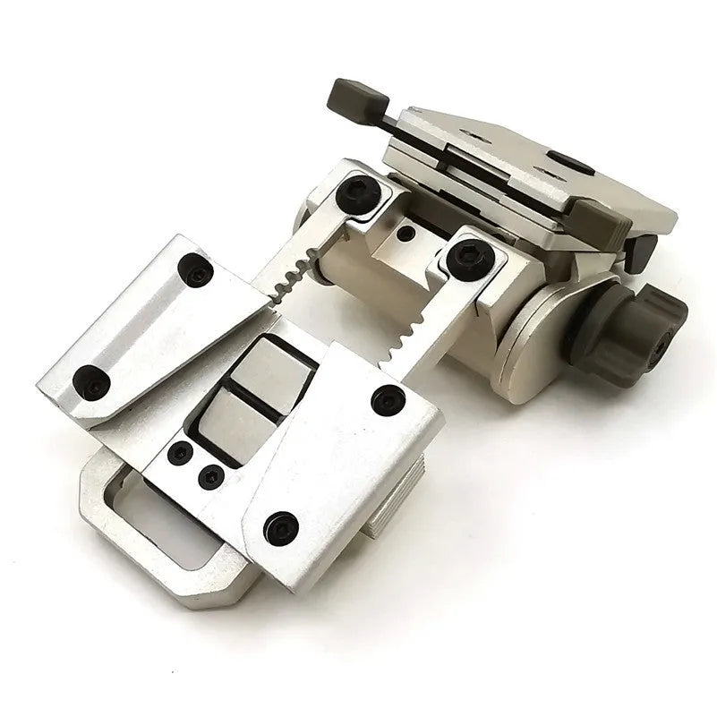 Tactical helmet dumper bracket in black, brown, and silver for mounting accessories.