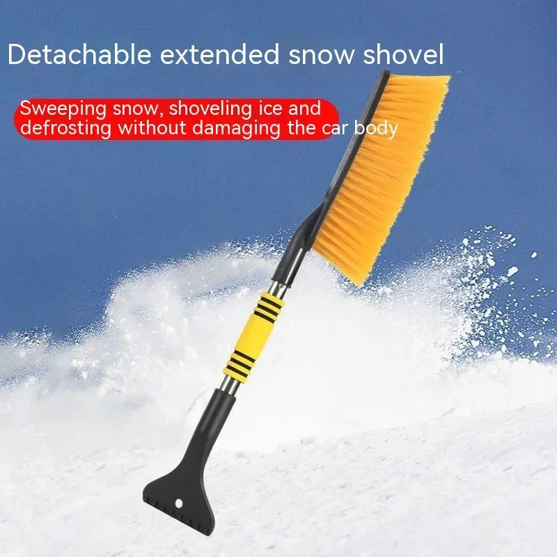Yellow and blue telescopic car snow brushes with a separate black snow ploughing blade on a white background.