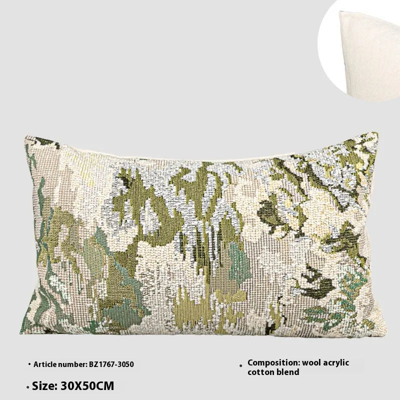 Antique green wool blend pillowcase with French style spring flowers botanical pattern.