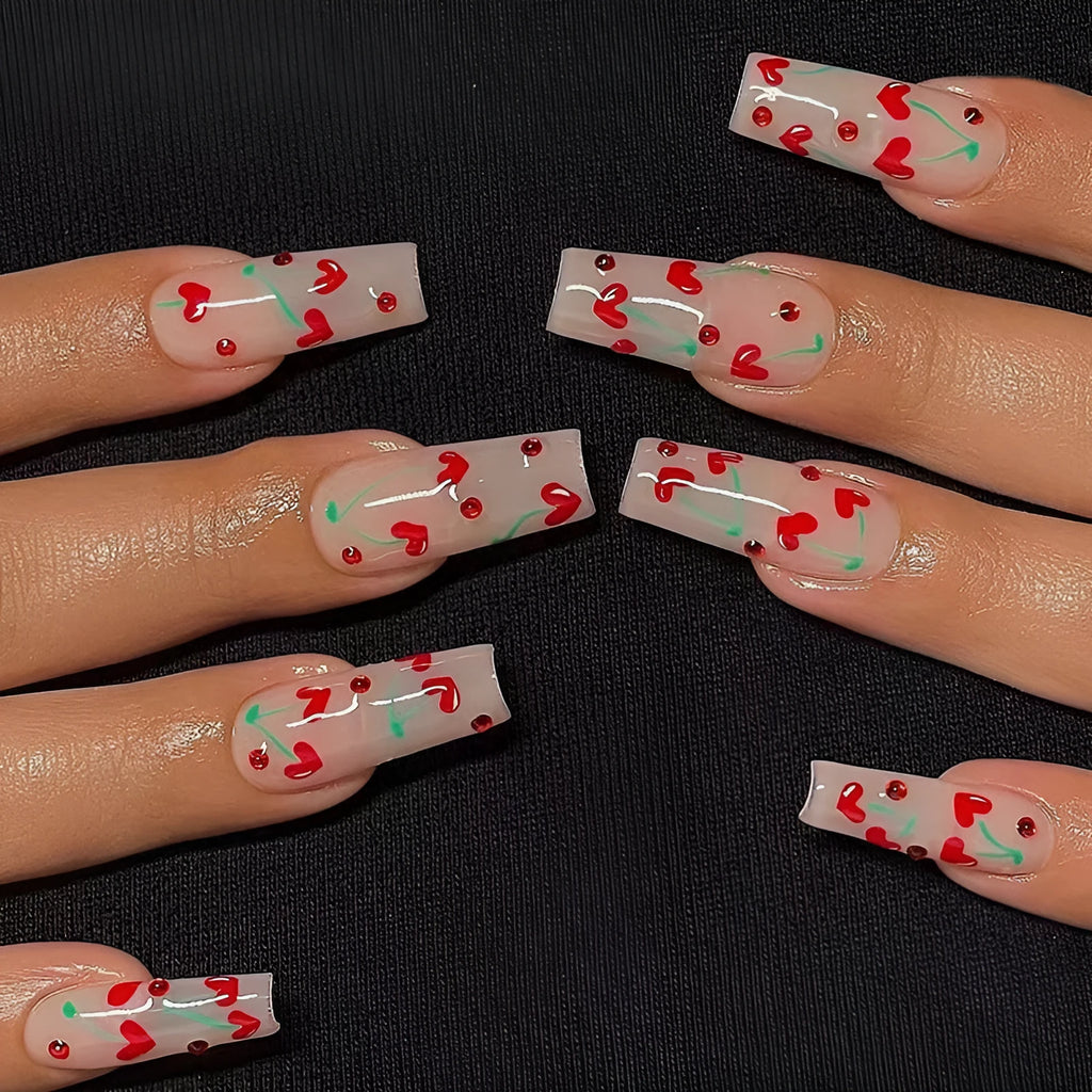 JP1601 style French Love red diamond and small cherry self-adhesive nail art charms, 24 pieces.