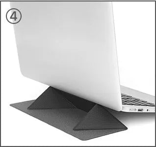 Blue foldable laptop cooling stand with anti-slip surface, shown open and closed, next to a laptop.