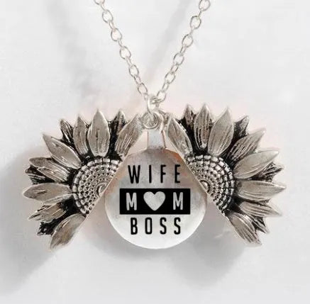 Sunflower double-layer lettering alloy pendant necklace with flower open and close design in gold finish