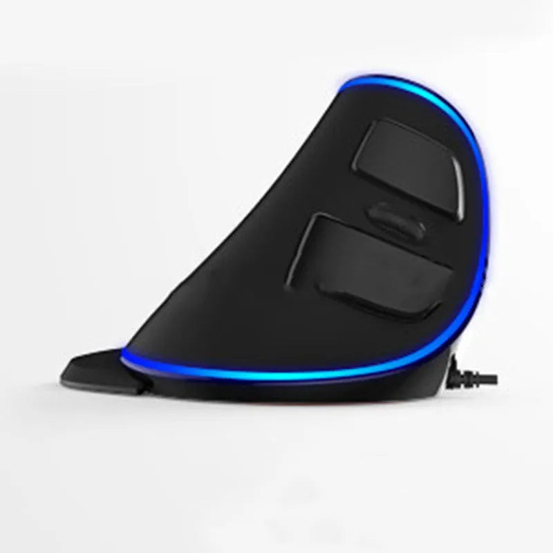 Vertical snail-shaped ergonomic wired computer mouse with RGB lighting on a desk.