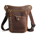Men's brown crazy horse leather retro satchel bag with flap closure and adjustable shoulder strap.
