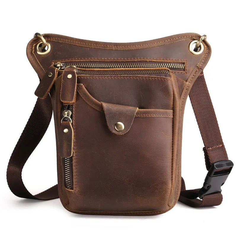 Men's brown crazy horse leather retro satchel bag with flap closure and adjustable shoulder strap.