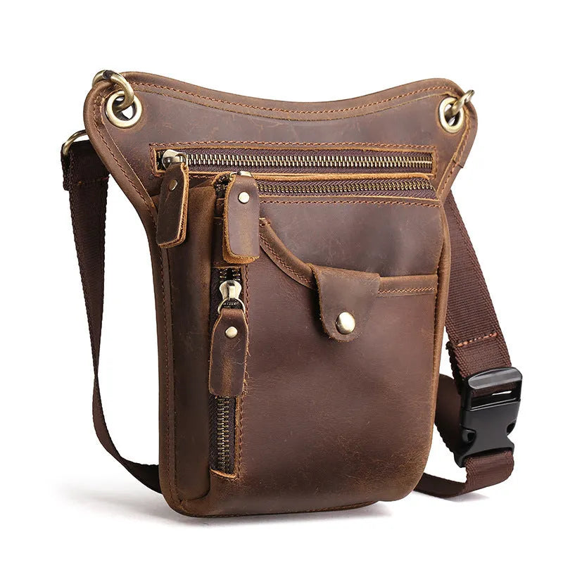 Men's brown crazy horse leather retro satchel bag with flap closure and adjustable shoulder strap.