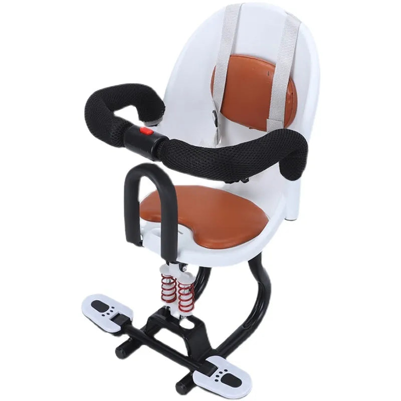Black high carbon steel front seat for a baby scooter, shown with dimensions