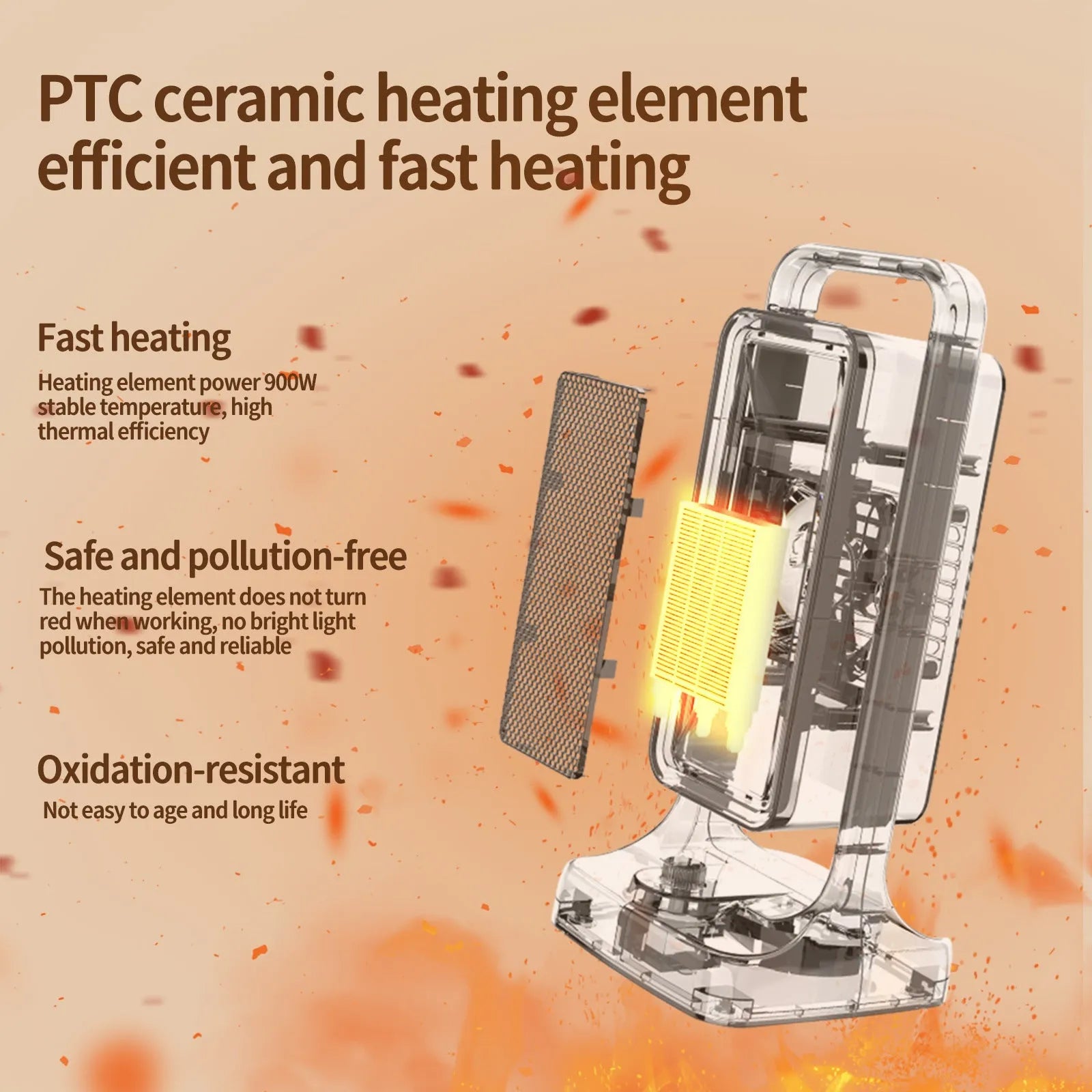 Black desktop PTC ceramic heater with knob controls showing dimensions 14.9x11.1x33.5cm