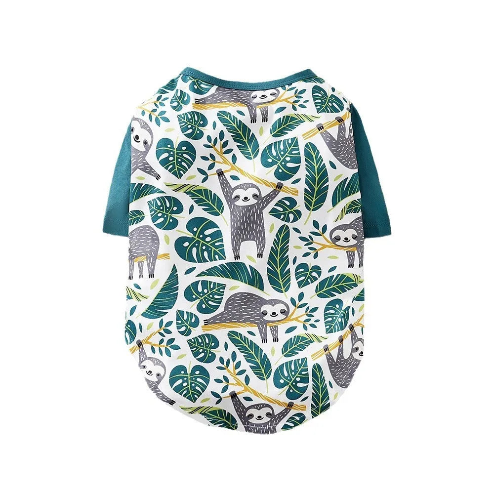 Full print casual T-shirt on a small dog, showing the patterned polyester fabric.