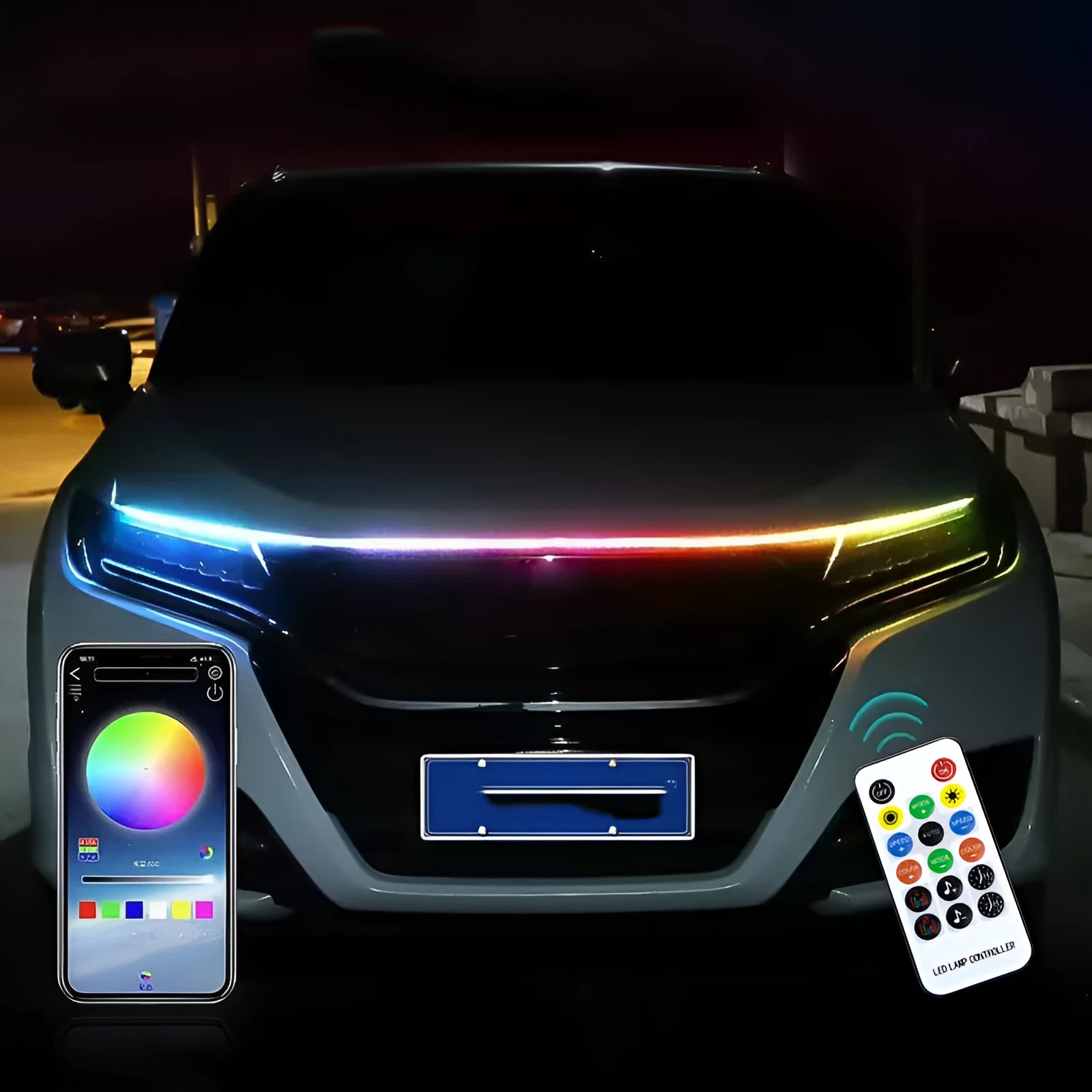 Flexible PVC LED light strip for car engine cover illumination in various colours.