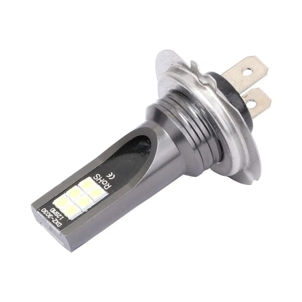 Single H7 110W LED car fog light bulb with 12 SMD LEDs and aluminium housing, showing white finish.