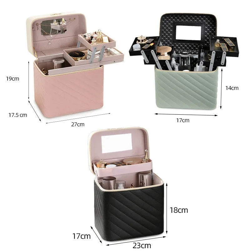 Portable hard-shell cosmetics and jewellery storage box in PU leather, square vertical shape, black colour, with handle