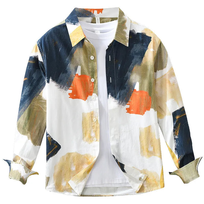Women's printed cotton loose cardigan with long sleeves shown in artistic colour