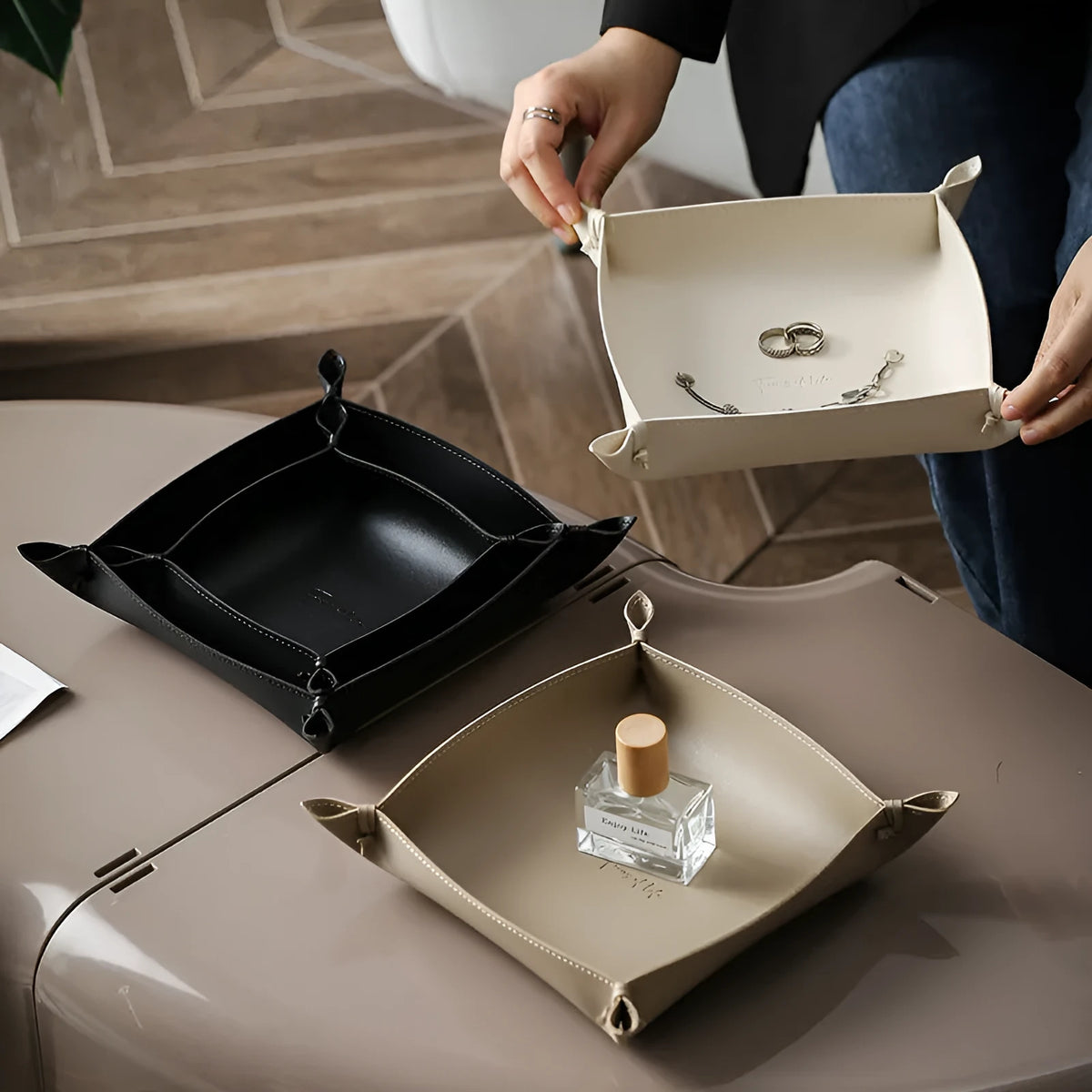 Leather storage tray with woven design, available in five colours and two sizes, 17.5x13x4.5cm and 18x22.5x4.5cm