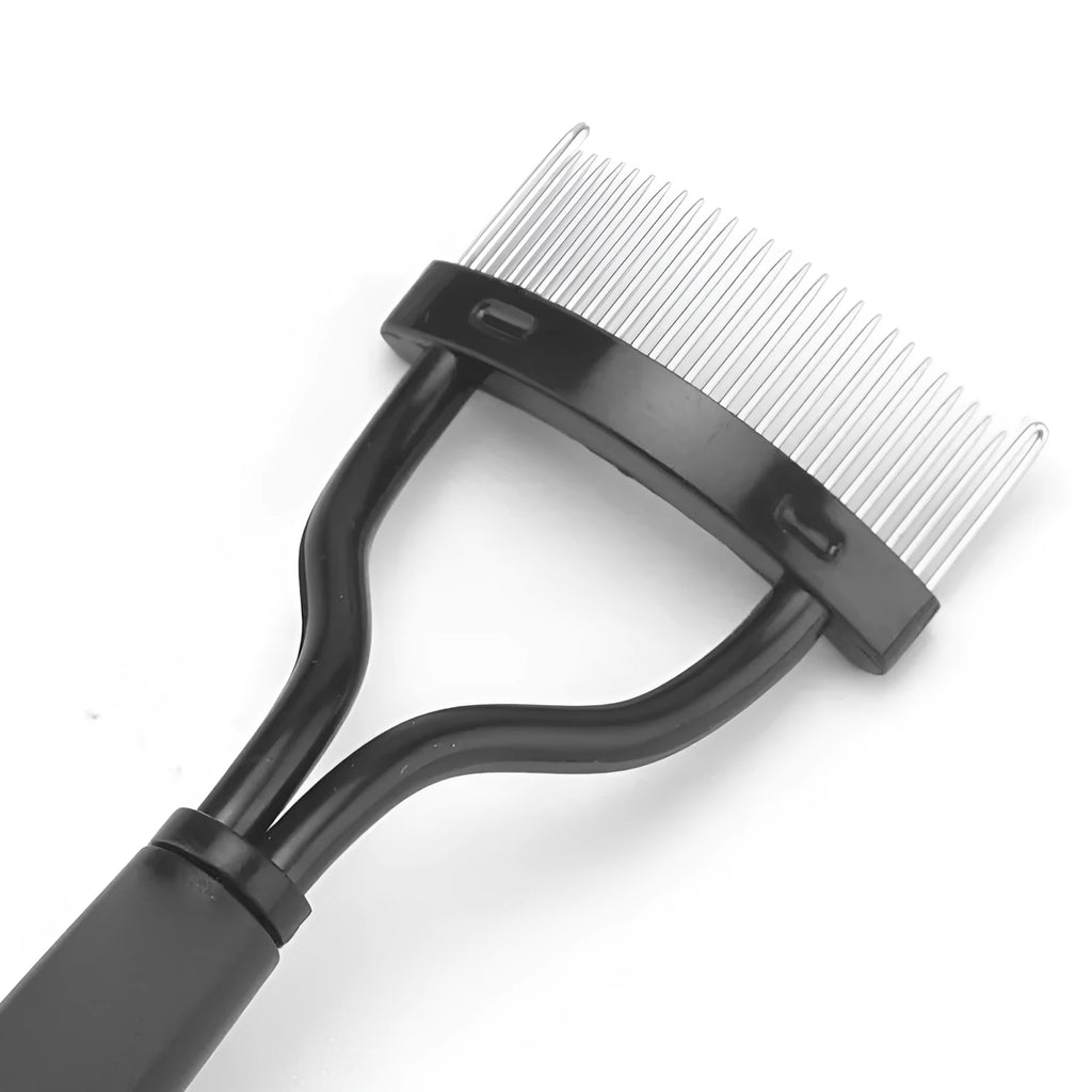 Portable semi-arc stainless steel needle eyelash brush with short handle in black, used for separating lashes