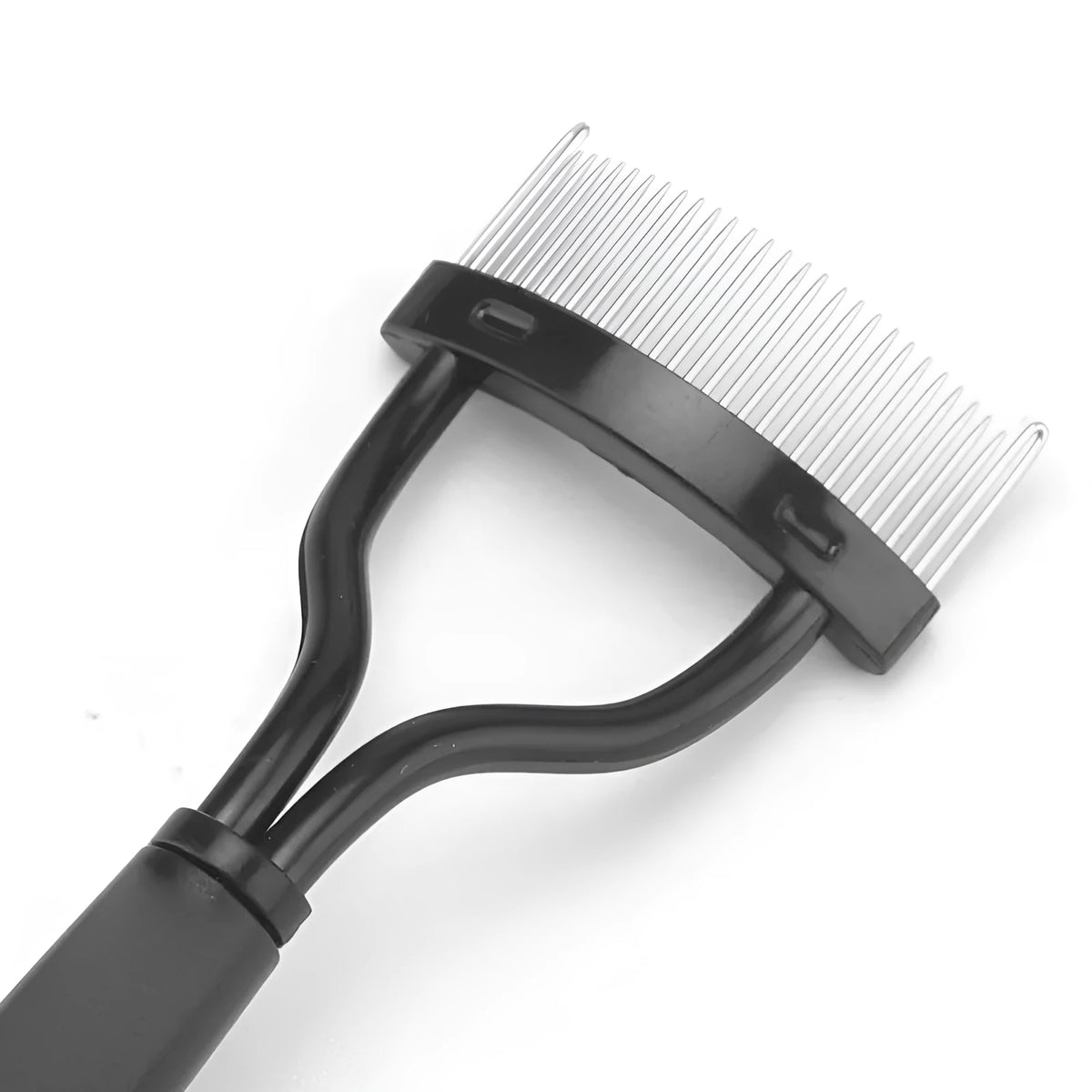 Portable semi-arc stainless steel needle eyelash brush with short handle in black, used for separating lashes