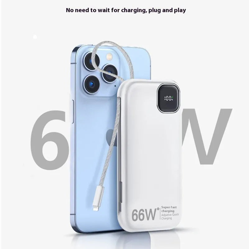 Black portable power bank with integrated charging cable showing compact 170mm x 68mm size.