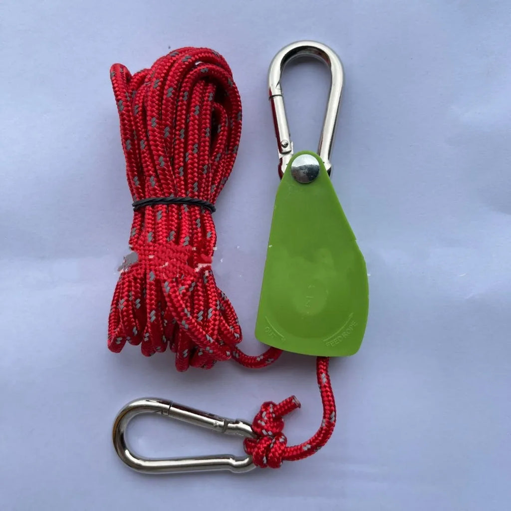Outdoor tent rope pulley adjuster with metal adjuster and nylon guy rope in army green colour