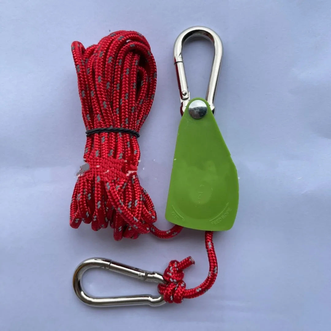 Outdoor tent rope pulley adjuster with metal adjuster and nylon guy rope in army green colour