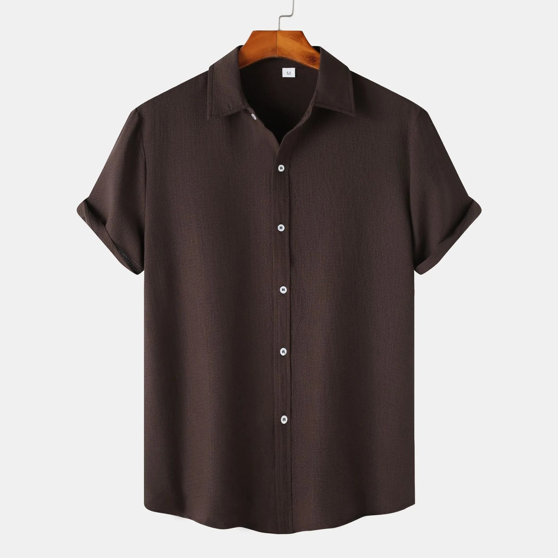 Men's casual short-sleeved polyester cardigan shirt shown in multiple colours and sizes.