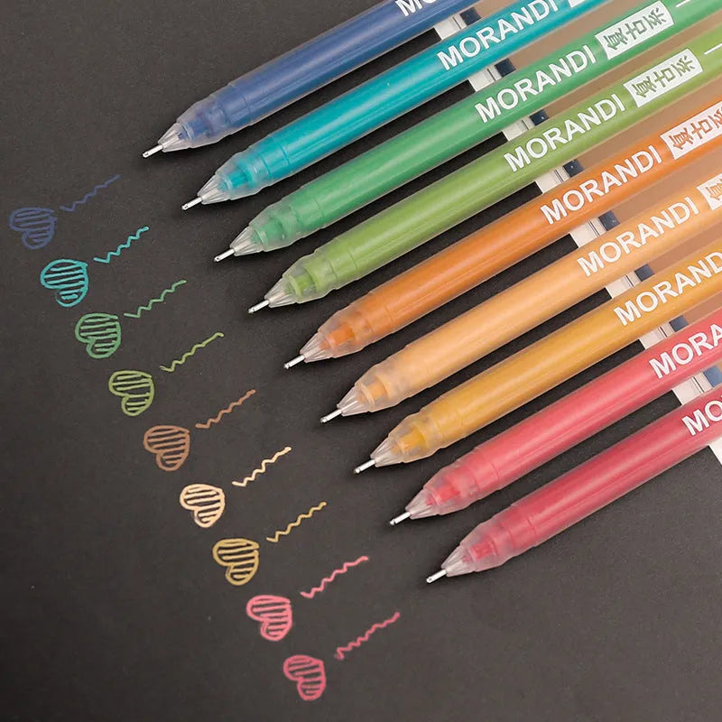 Set of nine colourful retro-style gel pens with 0.5mm needle tips arranged in a pack.