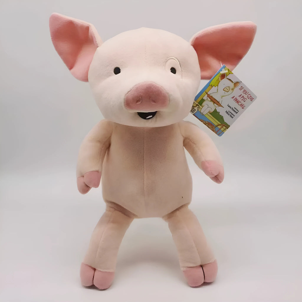 Pink pig plush doll 30cm tall soft stuffed toy with PP cotton filling on white background