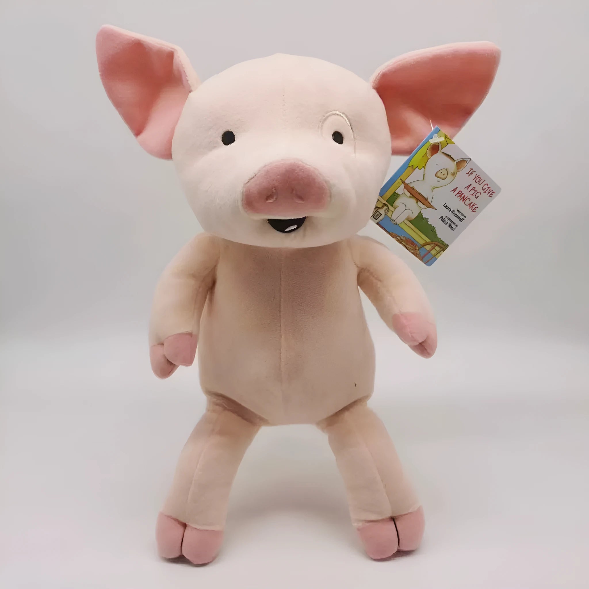 Pink pig plush doll 30cm tall soft stuffed toy with PP cotton filling on white background