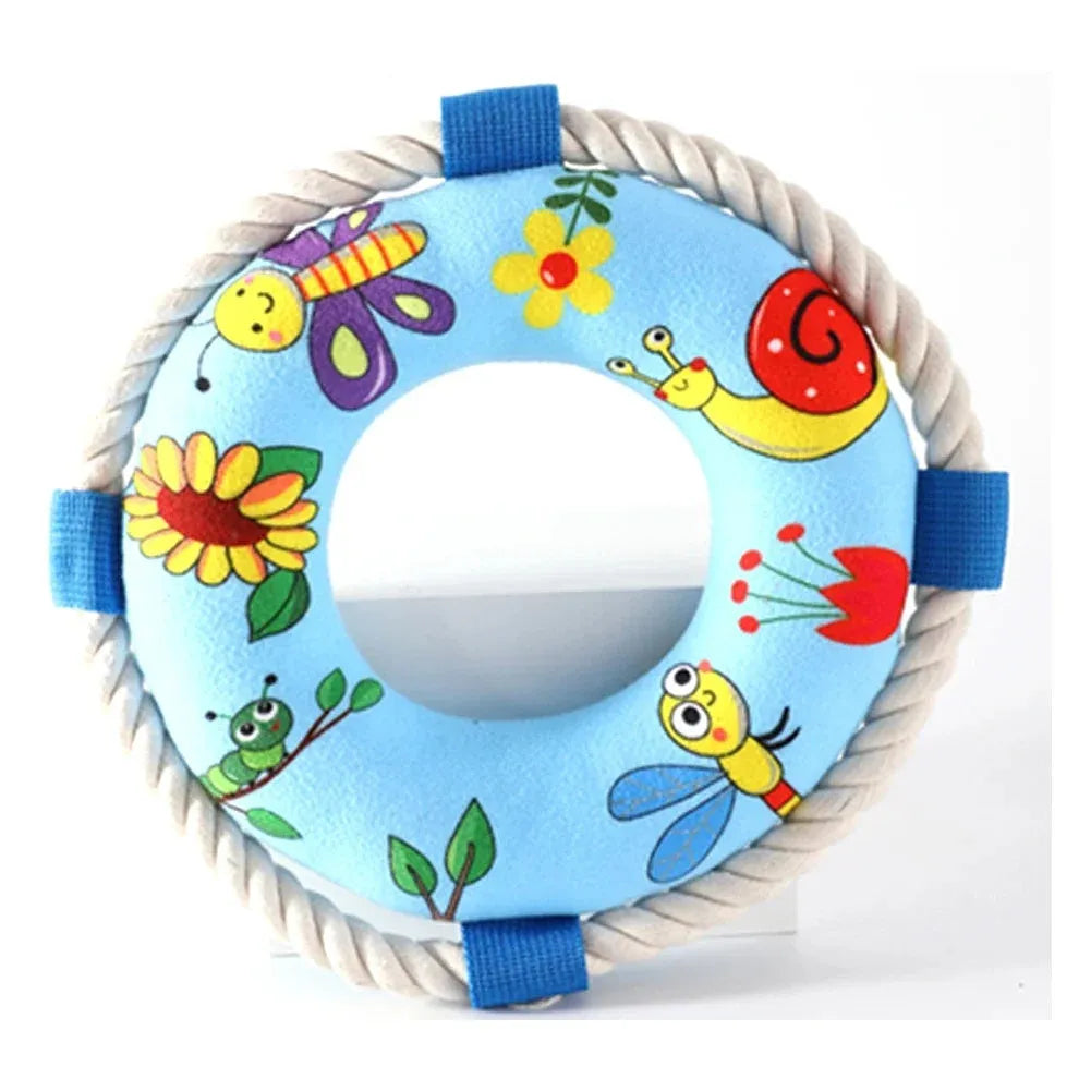 25cm diameter soft plush dog pull ring toy with squeaker for fetch games and chew training
