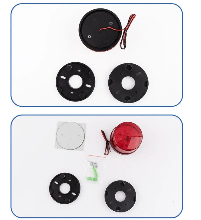 Small red 24V flashing warning light and alarm with mounting base.