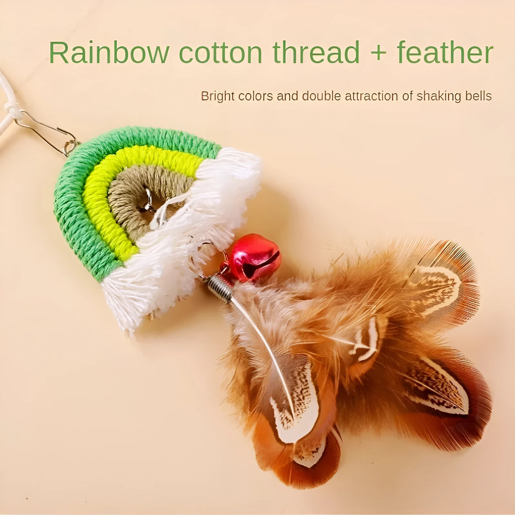 Feather cat rope door swing toy with elastic mechanism and sticky buckle clamp in blue green pink colours