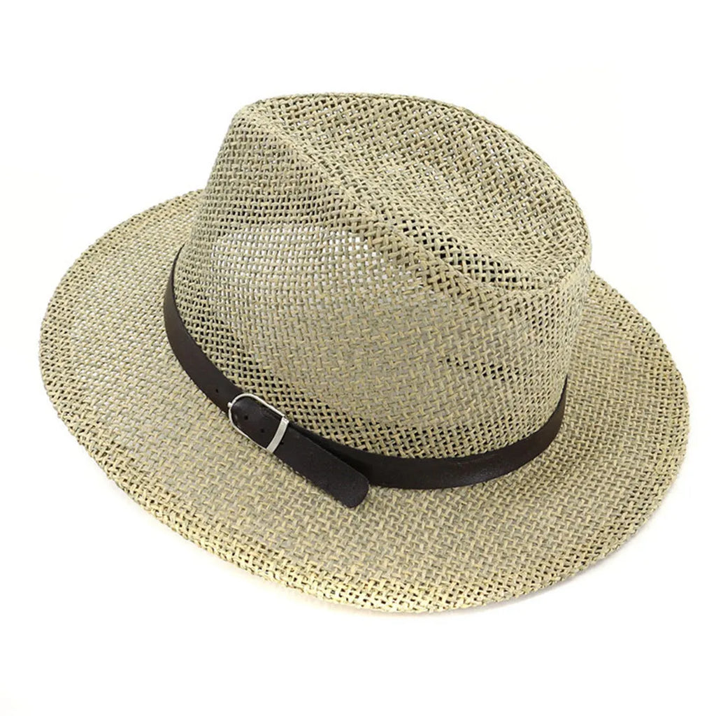 Panama straw hat in khaki with bell crown and woven construction on head