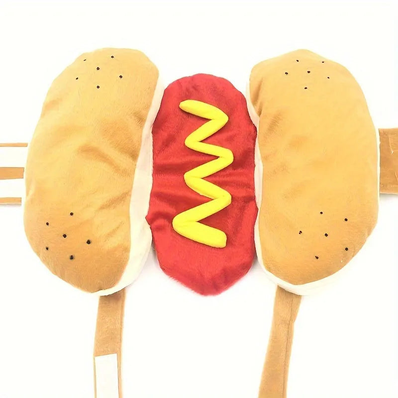 Red and yellow hot dog costume for small dog on white background