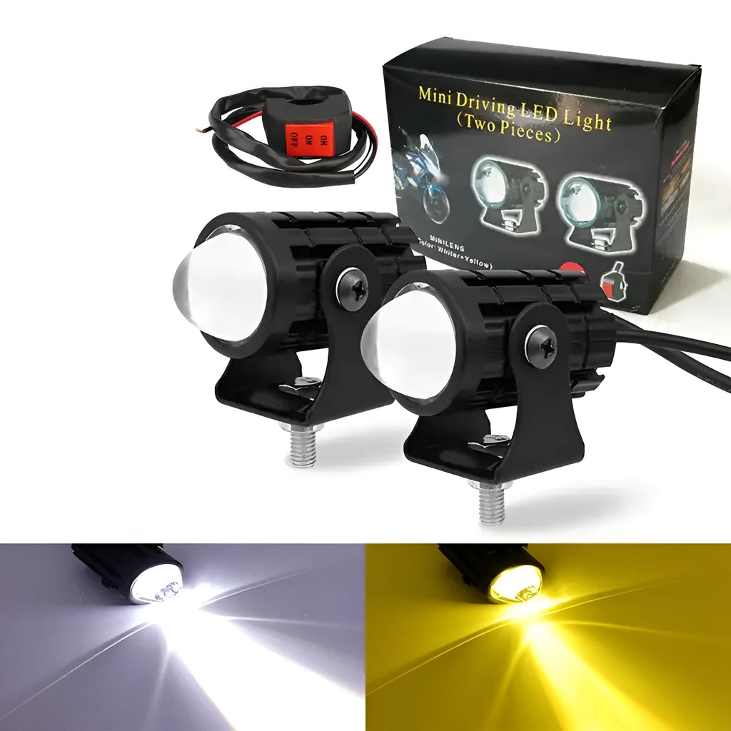 Motorcycle spotlight with dual colour lens in aluminium PC housing measuring 6x6x7cm