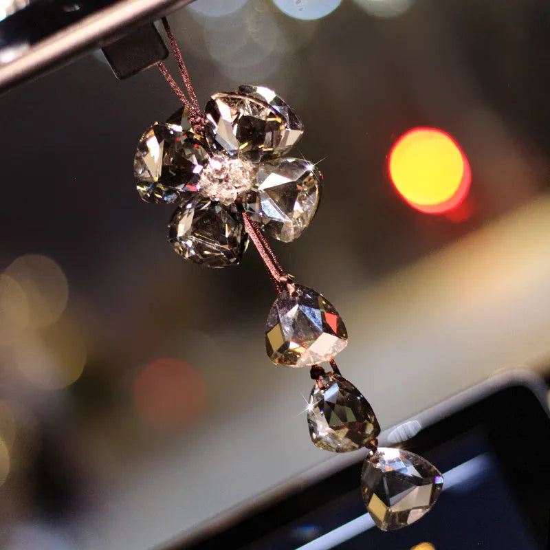 Crystal four leaf grass car pendant hanging, approximately 20cm long, in champagne colour option