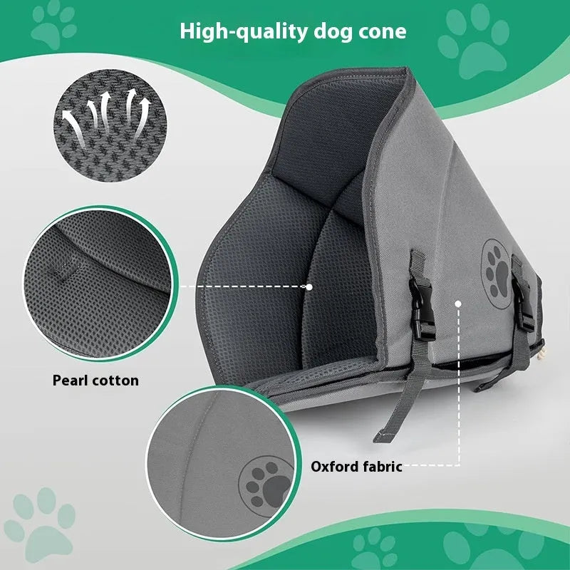 Soft, adjustable polyester recovery collar ring for dogs and cats post-surgery, shown in beige on a table.