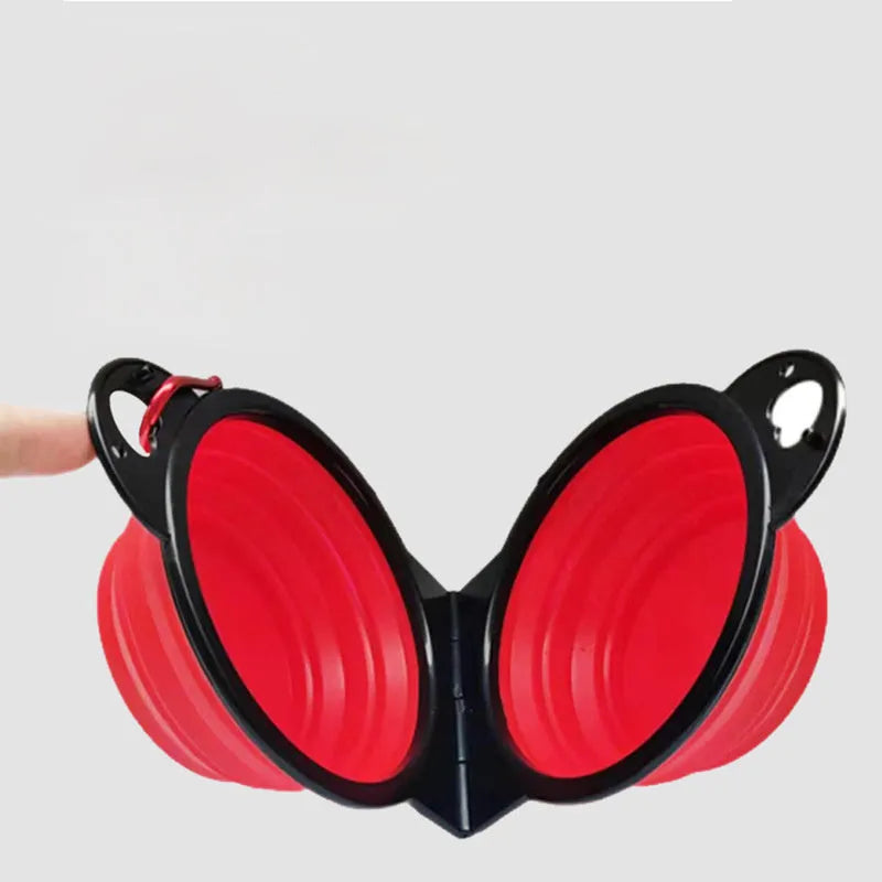 Blue folding silicone double pet bowl for dogs and cats, shown both open and collapsed flat
