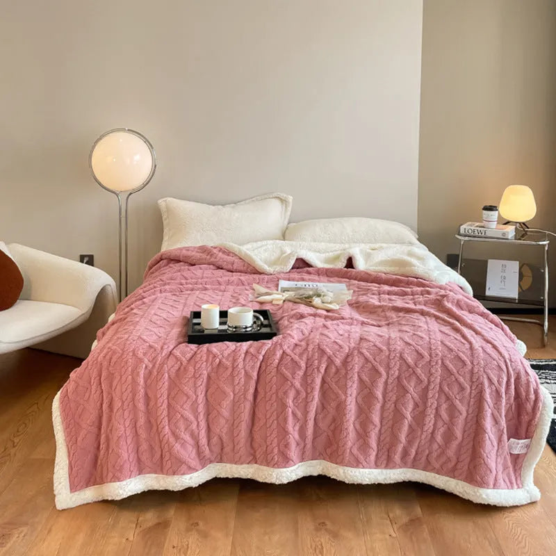 Double bed winter thermal flannel blanket in beige colour showing thickened texture and modern simplicity design