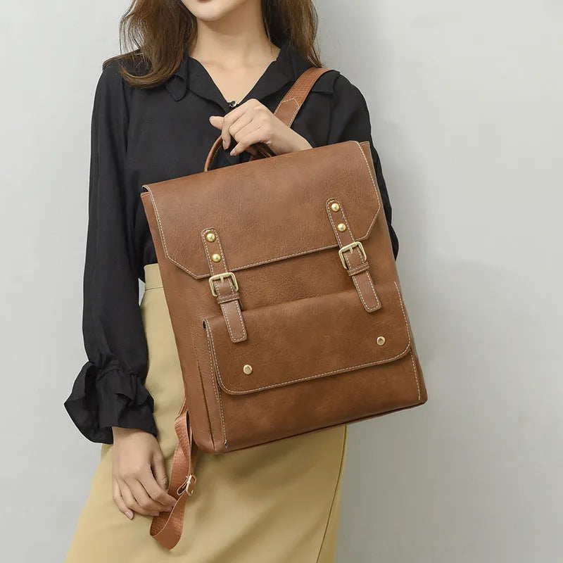 Korean style retro simple backpack in soft PU leather available in four neutral colours